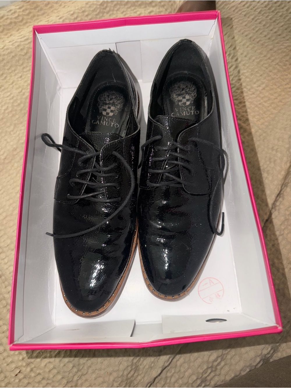 Vince Camuto Men’s Black Patent Leather Derby Oxfords with Tan Trim